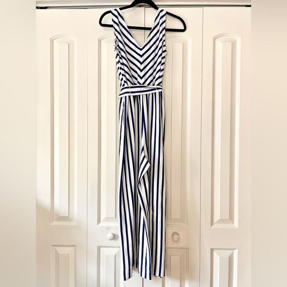 NWT J. Crew V-Neck Wide Leg Belted Jumpsuit in Blue White Stripe - Picture 3 of 5